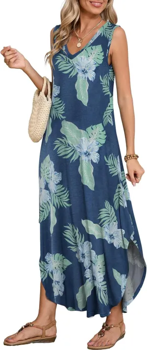 BELAROI Womens Plus Size Maxi Dress Sundress Summer Casual Sleeveless V Neck Pockets Beach Swimsuit Coverup Loose