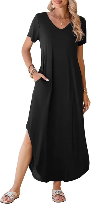 BELAROI Womens Plus Size Maxi Dresses Summer T Shirt Dress Casual V Neck Short Sleeve Long Dress Loose Fit Pockets Split