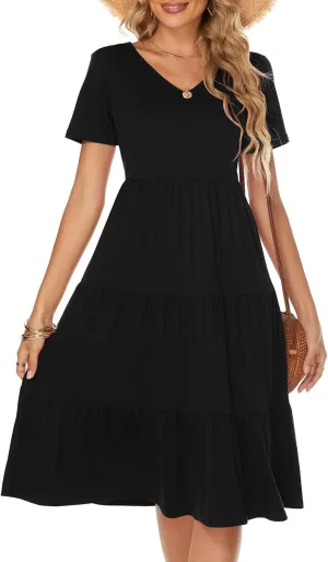 Berydress Women's Casual Summer Tiered Midi Dress 2025 Short Sleeve V-Neck Loose Cotton Ruffle Babydoll Dress Boho Sundress