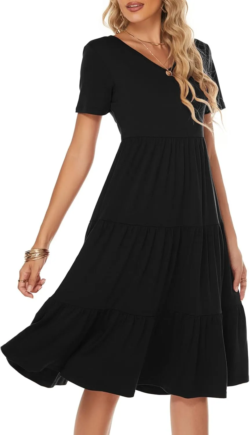 Berydress Women's Casual Summer Tiered Midi Dress 2025 Short Sleeve V-Neck Loose Cotton Ruffle Babydoll Dress Boho Sundress