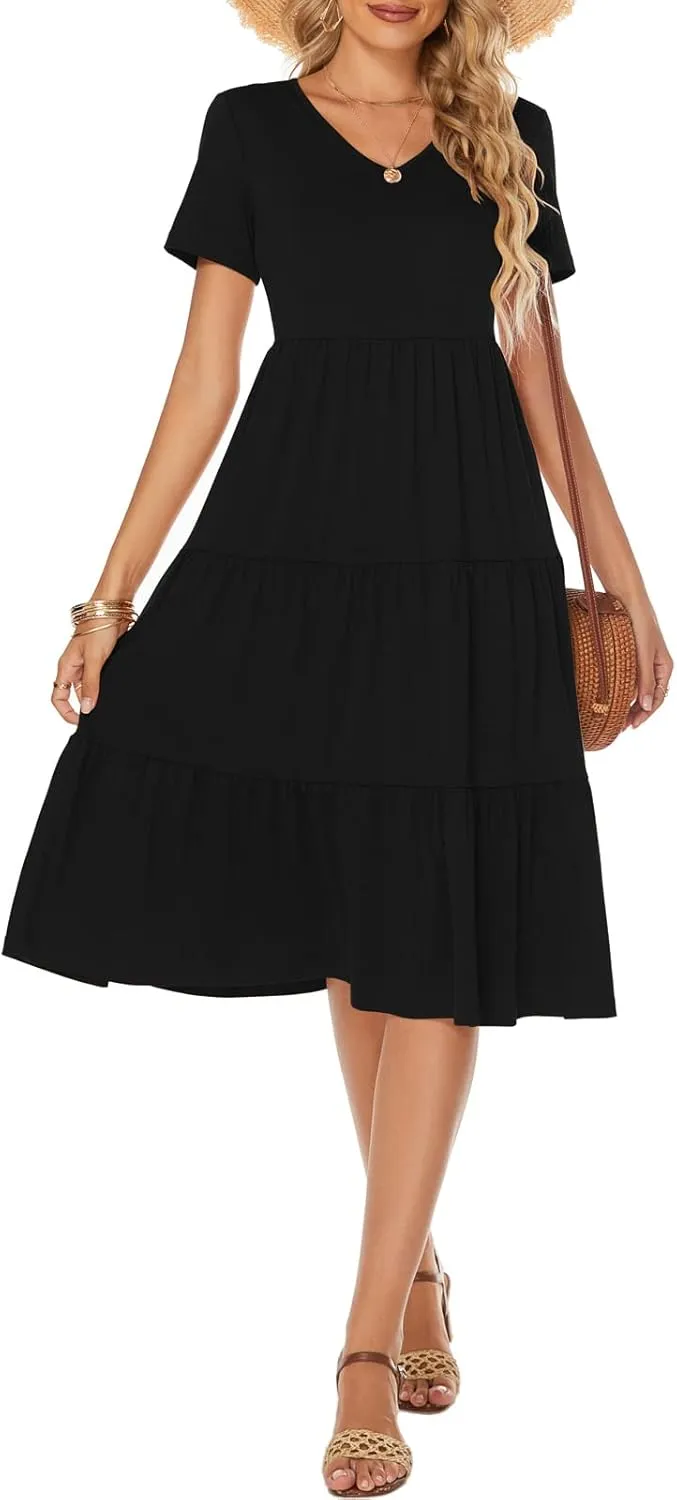 Berydress Women's Casual Summer Tiered Midi Dress 2025 Short Sleeve V-Neck Loose Cotton Ruffle Babydoll Dress Boho Sundress