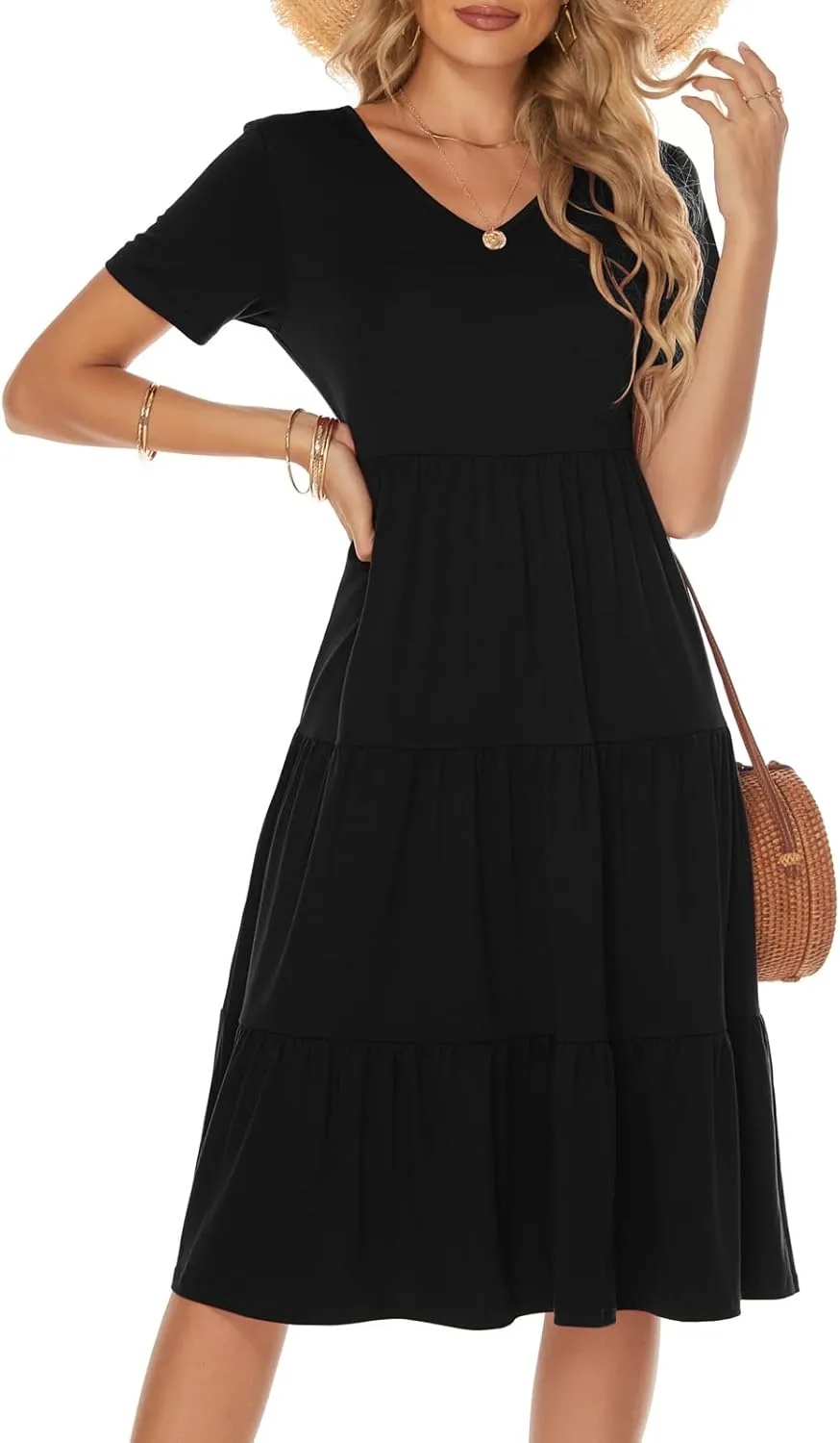 Berydress Women's Casual Summer Tiered Midi Dress 2025 Short Sleeve V-Neck Loose Cotton Ruffle Babydoll Dress Boho Sundress