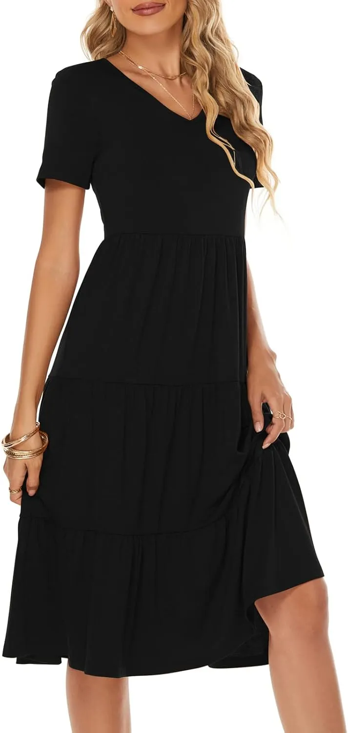 Berydress Women's Casual Summer Tiered Midi Dress 2025 Short Sleeve V-Neck Loose Cotton Ruffle Babydoll Dress Boho Sundress