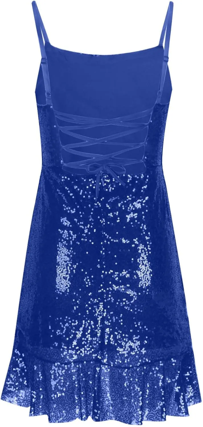 Binmer Women Sparkly Sequin Mini Dress Sexy Glitter Spaghetti Strap Backless Ruffle Hem Cami Short Mini Club Party Dresses