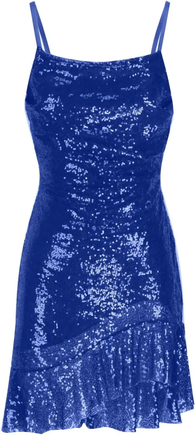 Binmer Women Sparkly Sequin Mini Dress Sexy Glitter Spaghetti Strap Backless Ruffle Hem Cami Short Mini Club Party Dresses