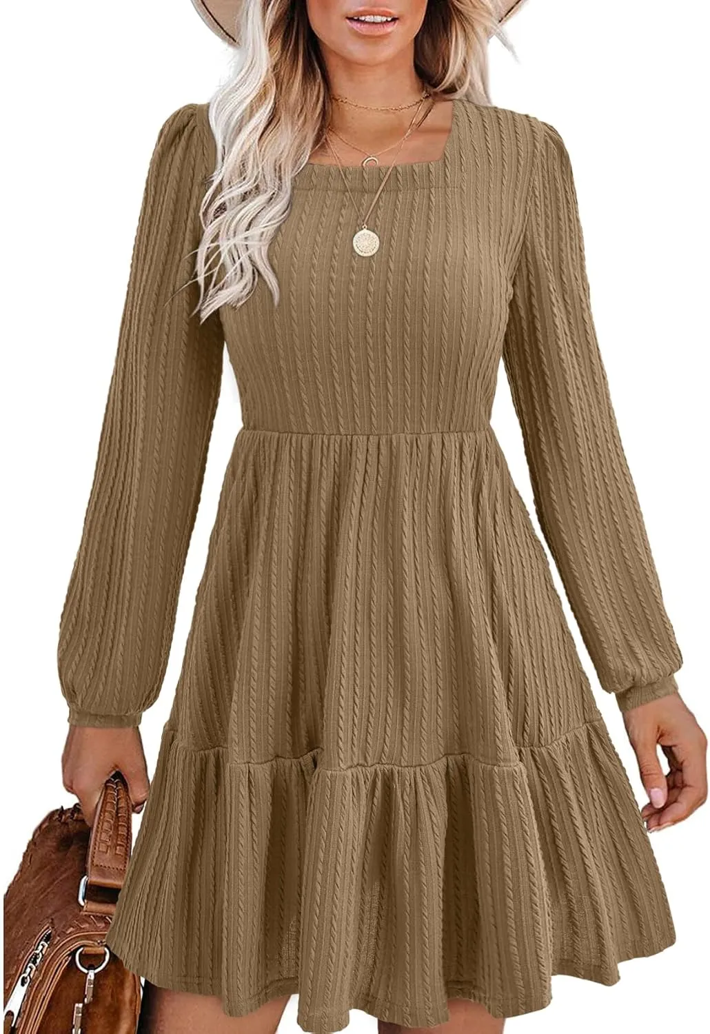 BIUBIU Women's Casual Knit Sweater Dress Square Neck Long Sleeve Knee Length Babydoll Dresses Trendy 2024