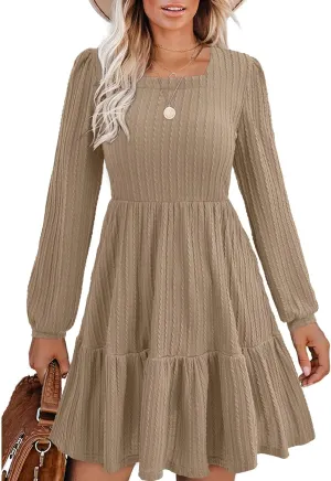 BIUBIU Women's Casual Knit Sweater Dress Square Neck Long Sleeve Knee Length Babydoll Dresses Trendy 2024