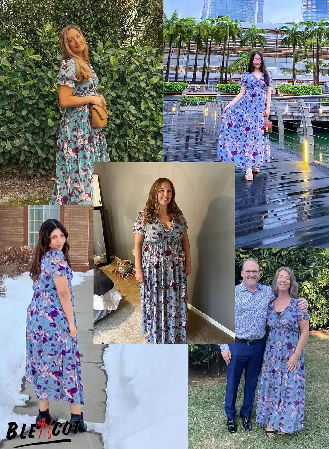 BLENCOT Womens Casual Boho Floral Printed V Neck Short Sleeve Long Evening Dress Ruched Cocktail Party Maxi Wedding Dress