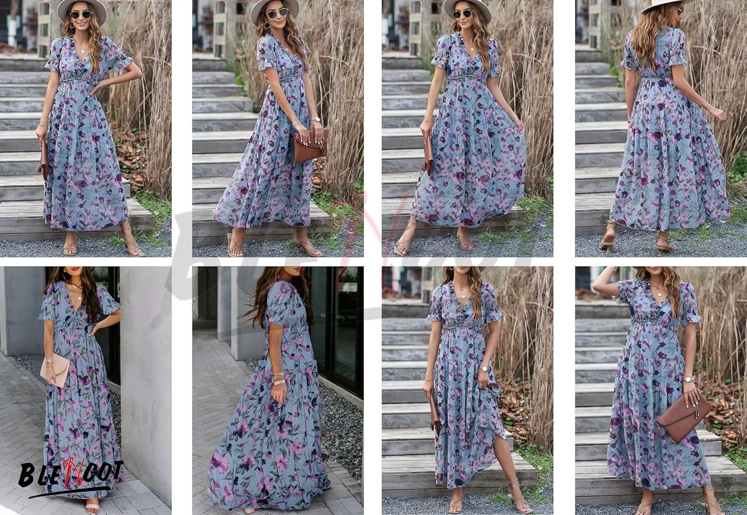 BLENCOT Womens Casual Boho Floral Printed V Neck Short Sleeve Long Evening Dress Ruched Cocktail Party Maxi Wedding Dress