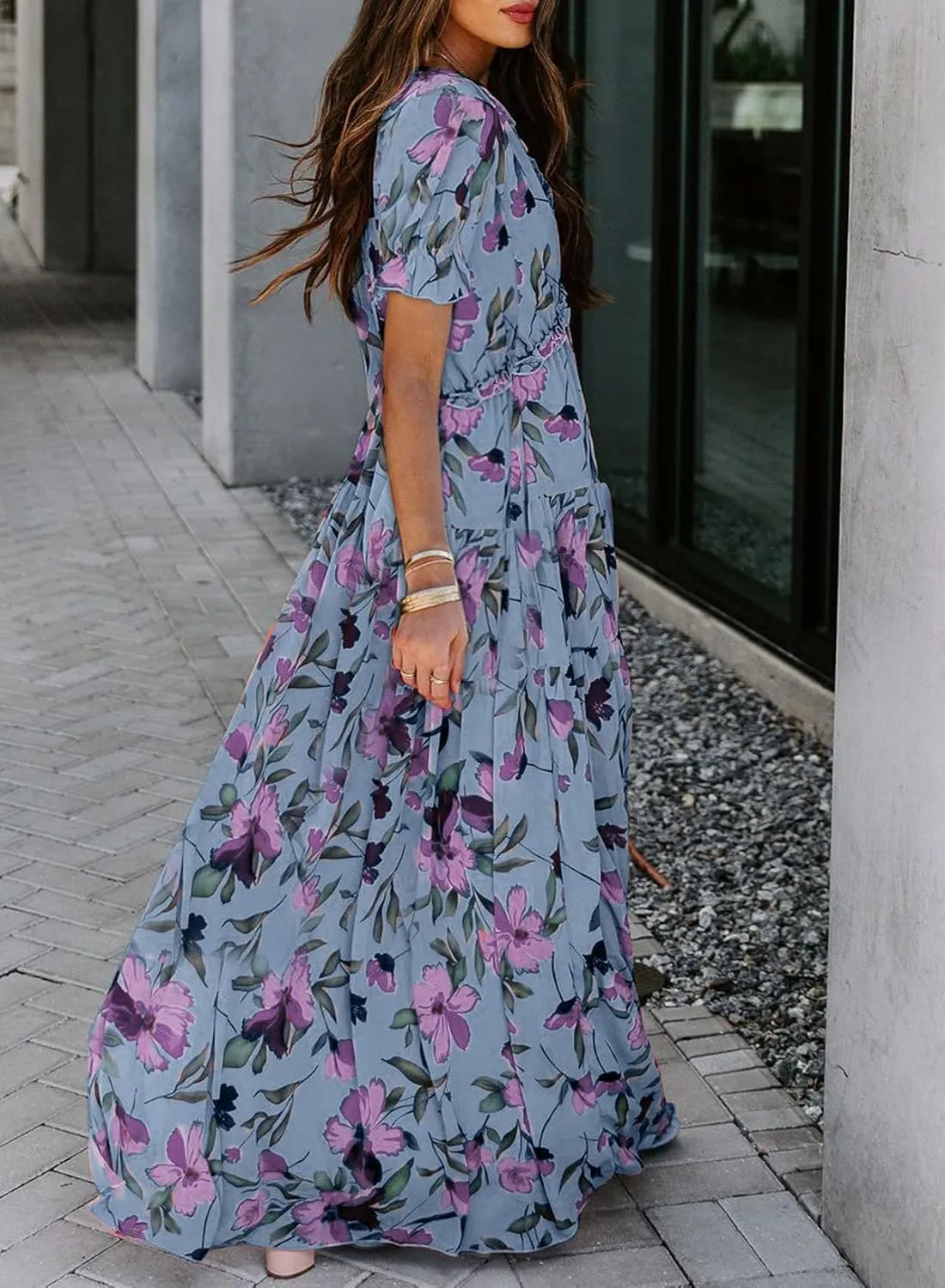 BLENCOT Womens Casual Boho Floral Printed V Neck Short Sleeve Long Evening Dress Ruched Cocktail Party Maxi Wedding Dress