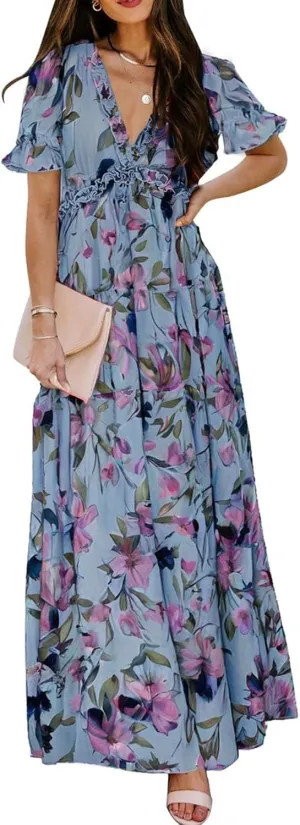 BLENCOT Womens Casual Boho Floral Printed V Neck Short Sleeve Long Evening Dress Ruched Cocktail Party Maxi Wedding Dress
