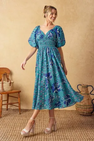 Blue Puff Sleeve Midi Dress