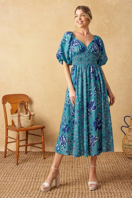 Blue Puff Sleeve Midi Dress
