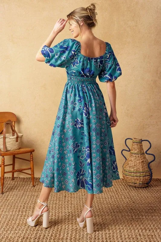 Blue Puff Sleeve Midi Dress