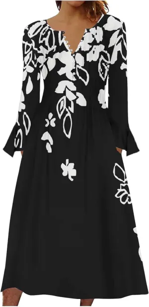 Bohemian Dress for Women Vintage Long Sleeve Floral Print Causal Maxi Dresses Causal Loose Bohemian Button Down Dress