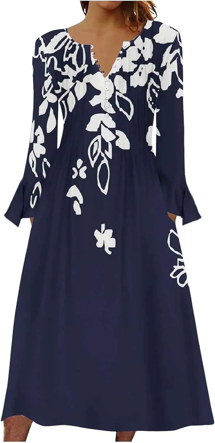 Bohemian Dress for Women Vintage Long Sleeve Floral Print Causal Maxi Dresses Causal Loose Bohemian Button Down Dress