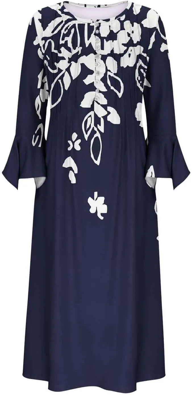 Bohemian Dress for Women Vintage Long Sleeve Floral Print Causal Maxi Dresses Causal Loose Bohemian Button Down Dress