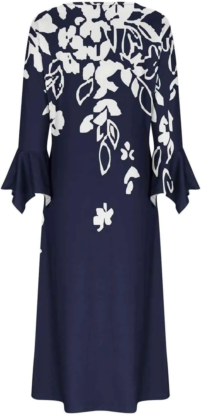 Bohemian Dress for Women Vintage Long Sleeve Floral Print Causal Maxi Dresses Causal Loose Bohemian Button Down Dress