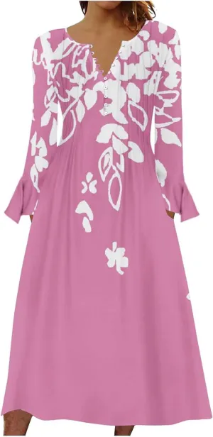 Bohemian Dress for Women Vintage Long Sleeve Floral Print Causal Maxi Dresses Causal Loose Bohemian Button Down Dress