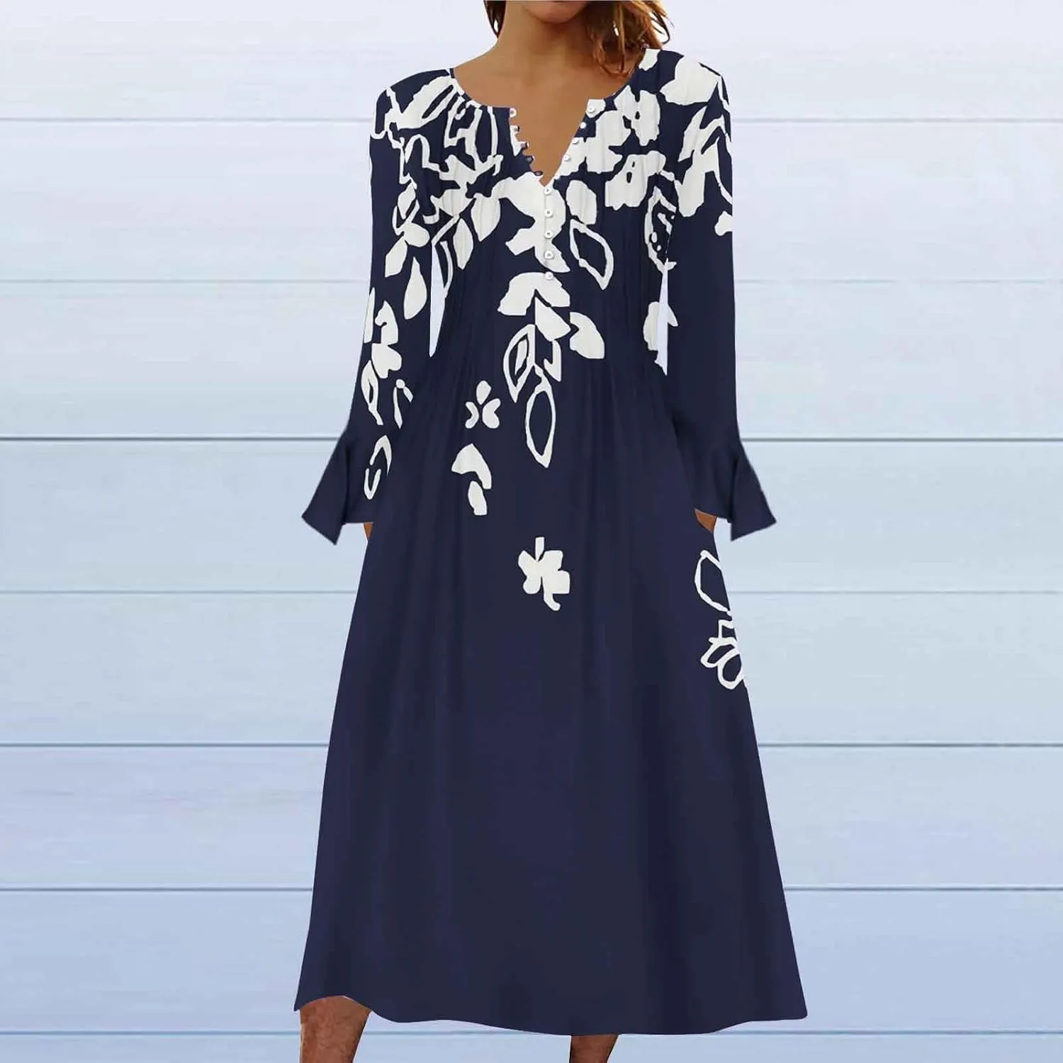 Bohemian Dress for Women Vintage Long Sleeve Floral Print Causal Maxi Dresses Causal Loose Bohemian Button Down Dress