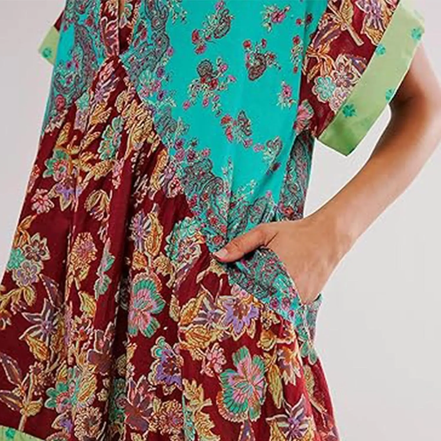 Boho Dresses for Women 2024 Patchwork Babydoll Dress Bohemian V Neck Colorful Sundresses Ruffle Flowy Mini Dress