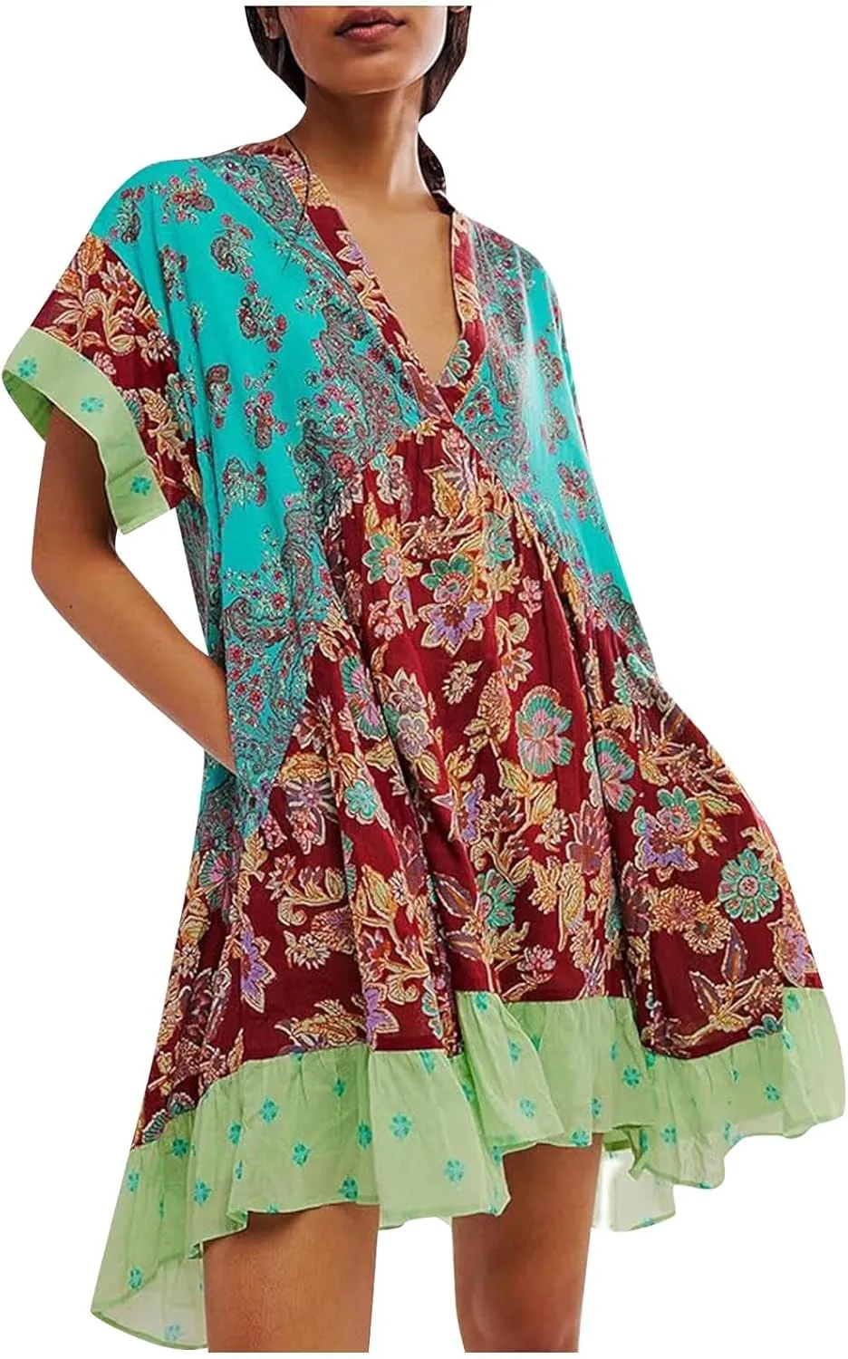 Boho Dresses for Women 2024 Patchwork Babydoll Dress Bohemian V Neck Colorful Sundresses Ruffle Flowy Mini Dress