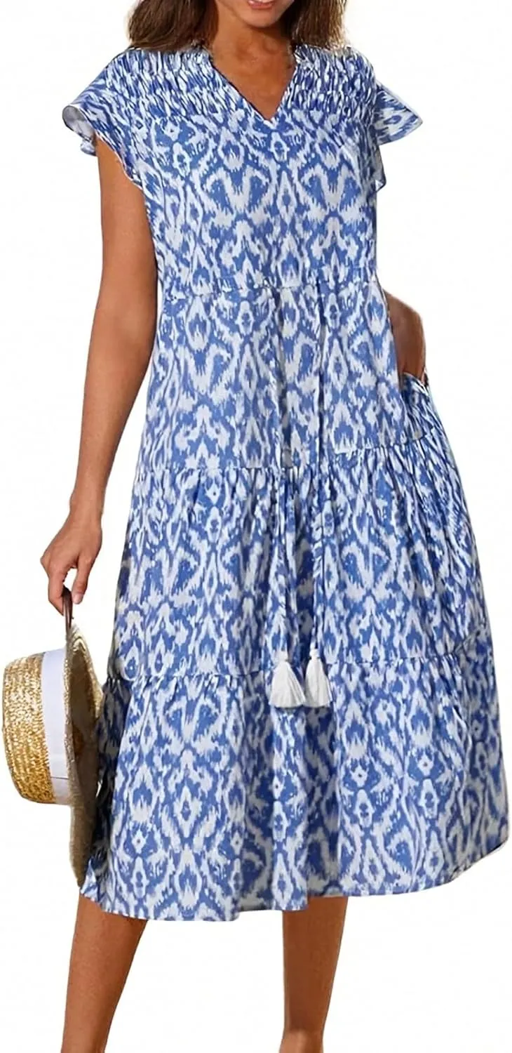 Boho Dresses for Women 2025 Summer Short Sleeve Beach Floral Maxi Dress Flowy Casual V Neck Bohemian Sundress