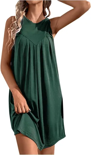 Boho Dresses for Women,2025 Trendy Crewneck Sleeveless Mini Dress Button Knit Color Block Short Dresses with Pockets