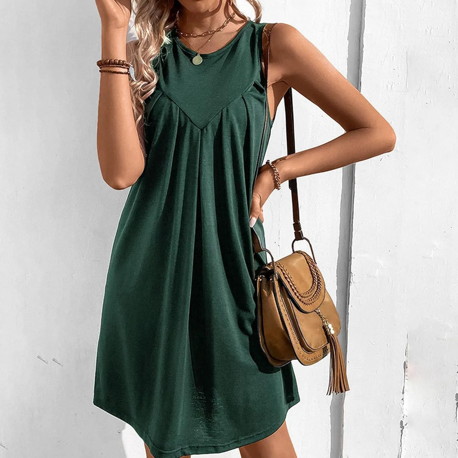 Boho Dresses for Women,2025 Trendy Crewneck Sleeveless Mini Dress Button Knit Color Block Short Dresses with Pockets