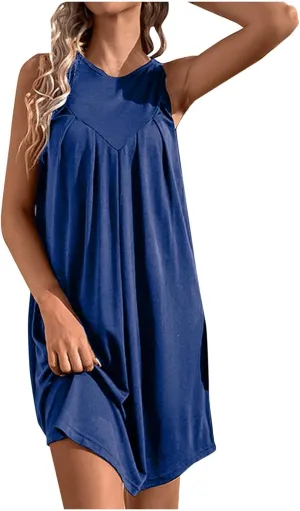 Boho Dresses for Women,2025 Trendy Crewneck Sleeveless Mini Dress Button Knit Color Block Short Dresses with Pockets