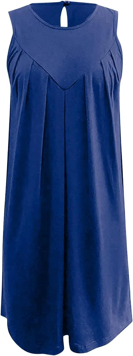 Boho Dresses for Women,2025 Trendy Crewneck Sleeveless Mini Dress Button Knit Color Block Short Dresses with Pockets