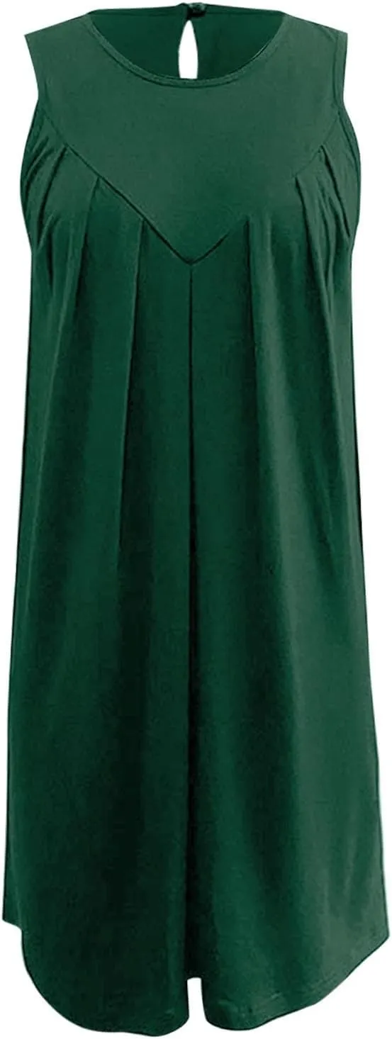 Boho Dresses for Women,2025 Trendy Crewneck Sleeveless Mini Dress Button Knit Color Block Short Dresses with Pockets