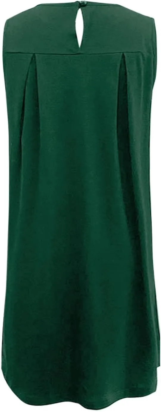 Boho Dresses for Women,2025 Trendy Crewneck Sleeveless Mini Dress Button Knit Color Block Short Dresses with Pockets