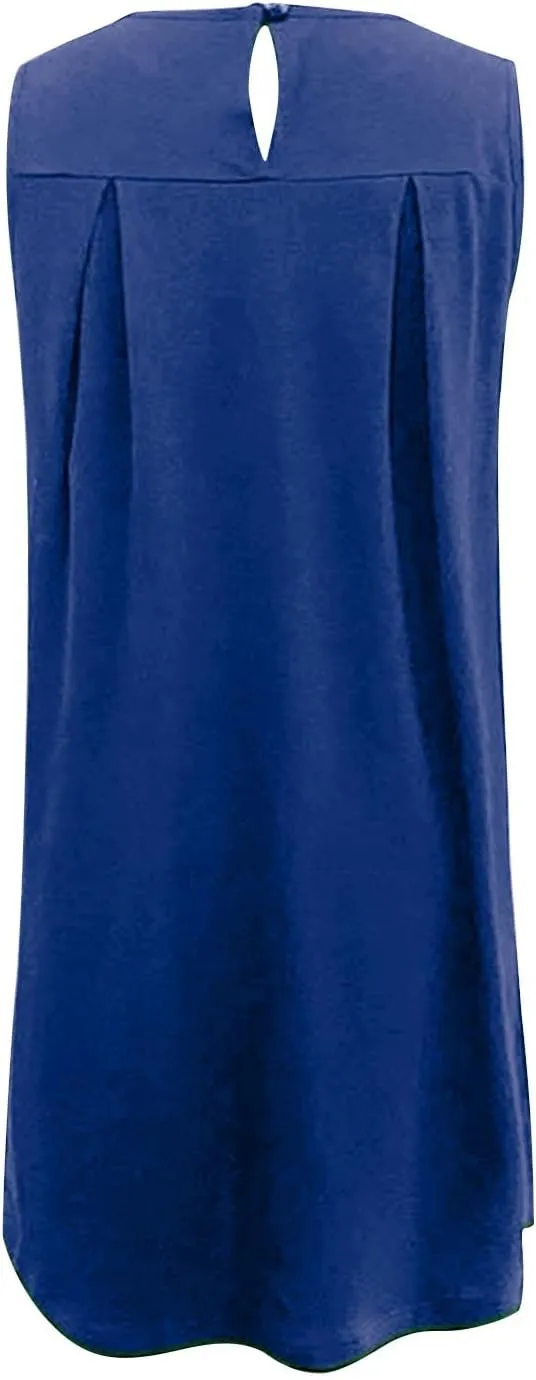 Boho Dresses for Women,2025 Trendy Crewneck Sleeveless Mini Dress Button Knit Color Block Short Dresses with Pockets