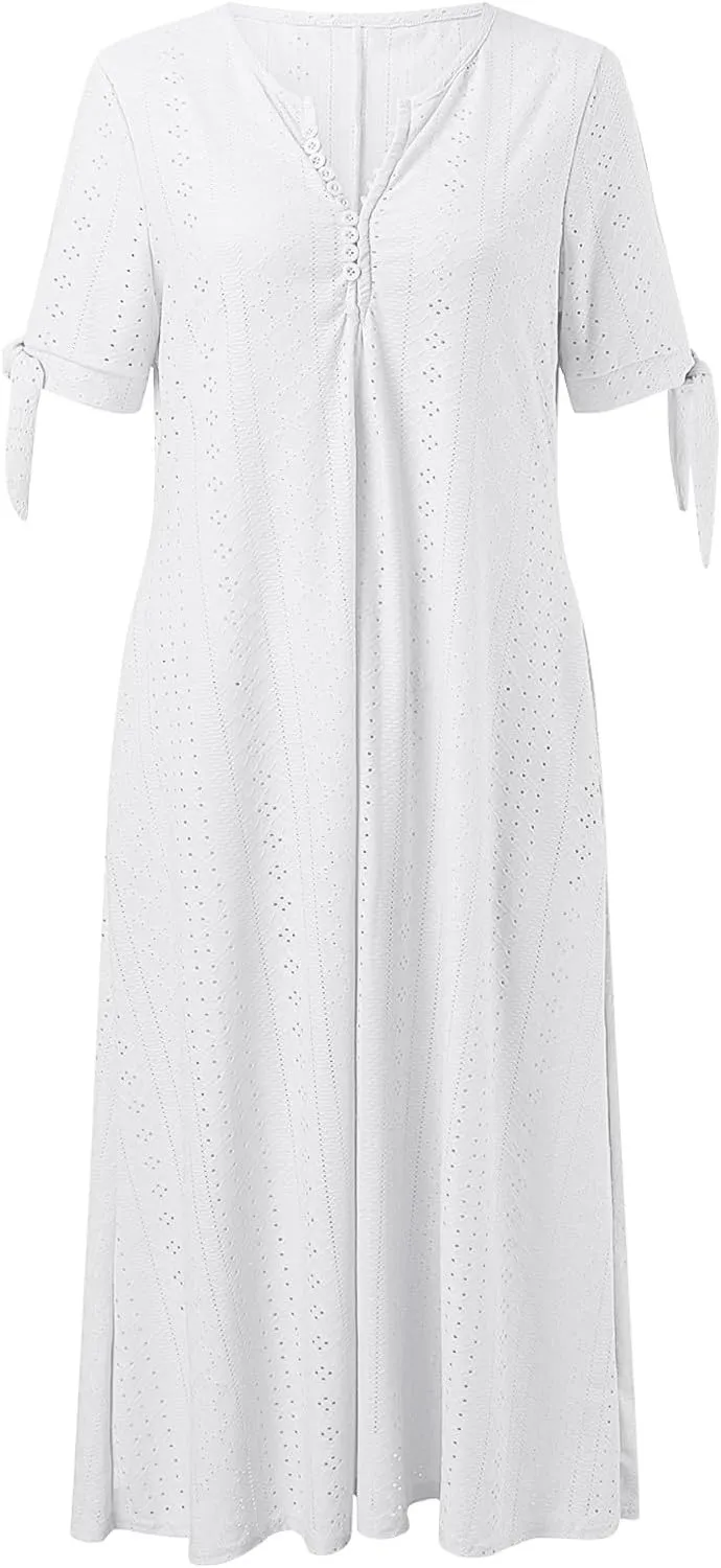 Boho Eyelet Dresses for Women Midi Length Button V Neck Tie Knot Short Sleeve Flowy A-Line Beach Vacation Dress with Pockets
