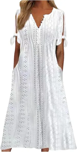 Boho Eyelet Dresses for Women Midi Length Button V Neck Tie Knot Short Sleeve Flowy A-Line Beach Vacation Dress with Pockets