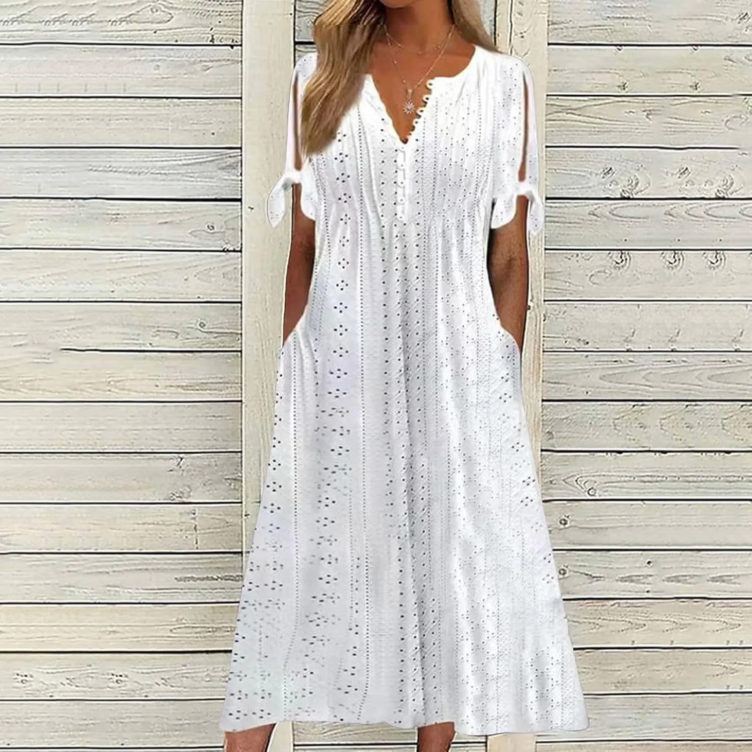 Boho Eyelet Dresses for Women Midi Length Button V Neck Tie Knot Short Sleeve Flowy A-Line Beach Vacation Dress with Pockets