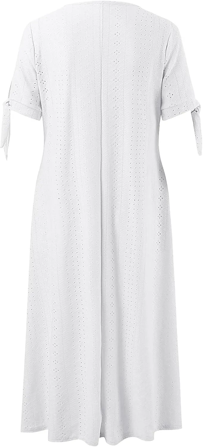 Boho Eyelet Dresses for Women Midi Length Button V Neck Tie Knot Short Sleeve Flowy A-Line Beach Vacation Dress with Pockets