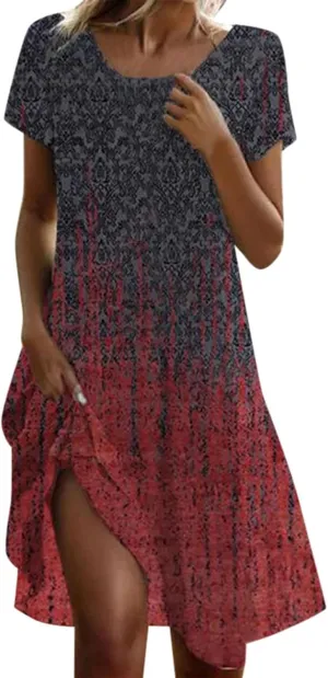 Boho Floral Dress for Women Plus Size Casual Loose Flowy Midi Sundress Summer Short Sleeve Vintage Beach Dresses