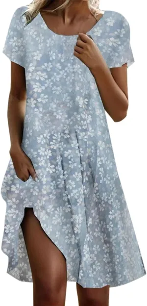 Boho Floral Dress for Women Plus Size Casual Loose Flowy Midi Sundress Summer Short Sleeve Vintage Beach Dresses