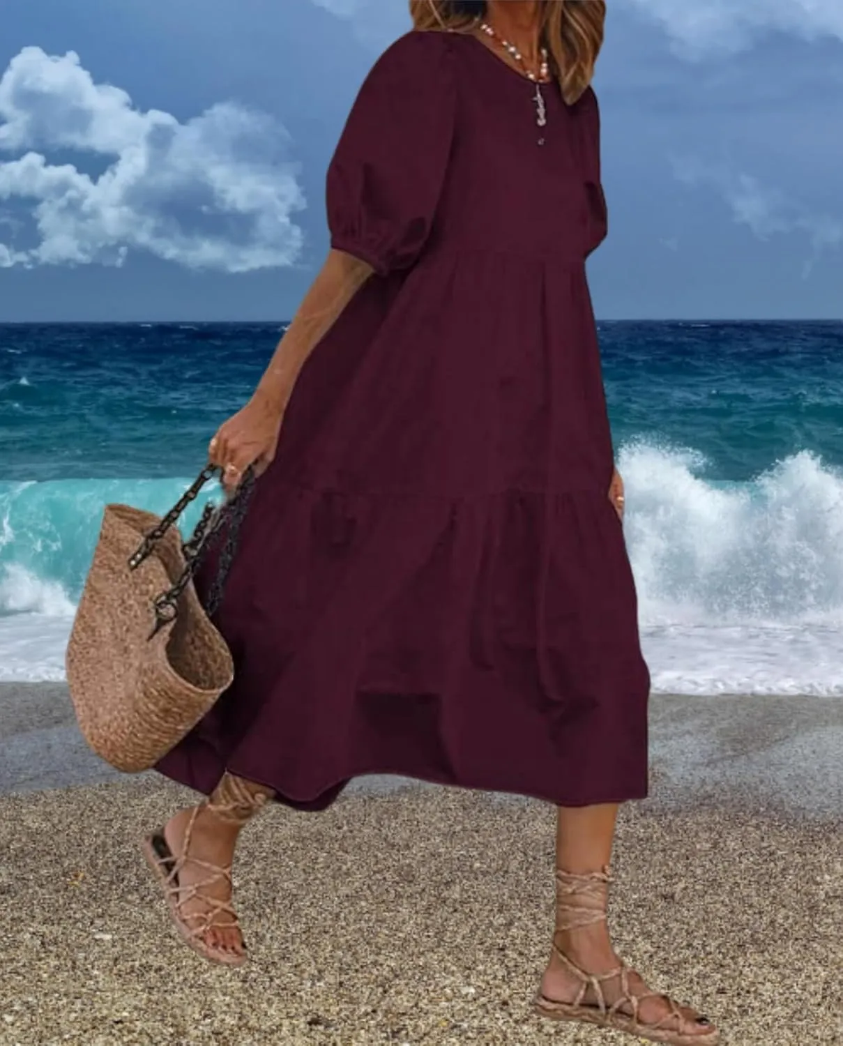 Boho Maxi Dress for Womens Crewneck Puff Short Sleeve Smocked Dress Casual Beach Oversized Tiered Swing Maxi Sundress