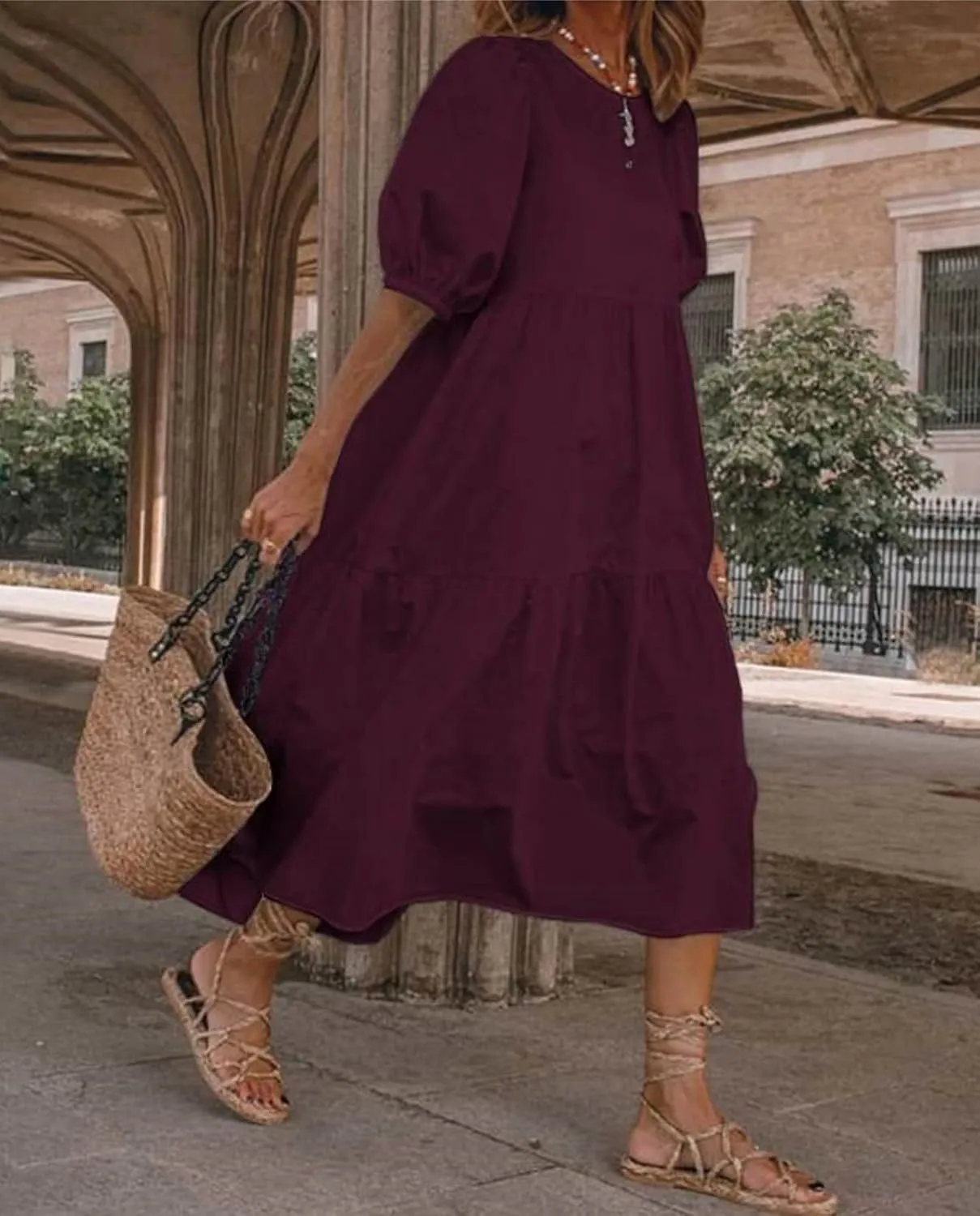 Boho Maxi Dress for Womens Crewneck Puff Short Sleeve Smocked Dress Casual Beach Oversized Tiered Swing Maxi Sundress