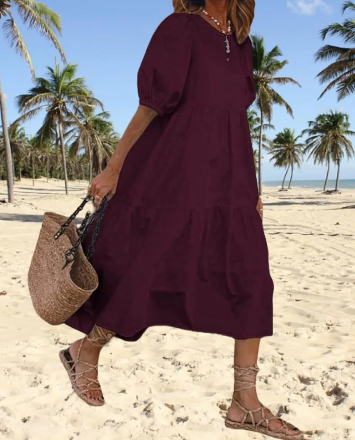 Boho Maxi Dress for Womens Crewneck Puff Short Sleeve Smocked Dress Casual Beach Oversized Tiered Swing Maxi Sundress