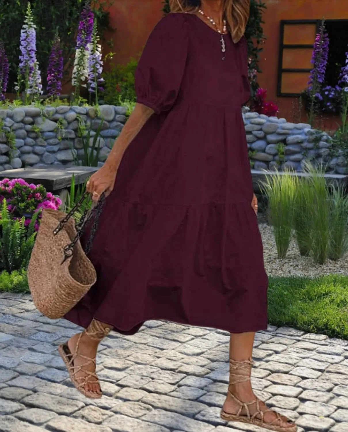 Boho Maxi Dress for Womens Crewneck Puff Short Sleeve Smocked Dress Casual Beach Oversized Tiered Swing Maxi Sundress