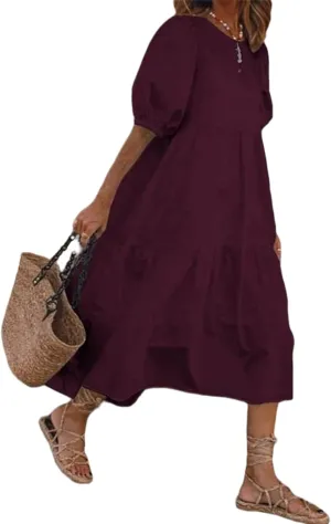 Boho Maxi Dress for Womens Crewneck Puff Short Sleeve Smocked Dress Casual Beach Oversized Tiered Swing Maxi Sundress