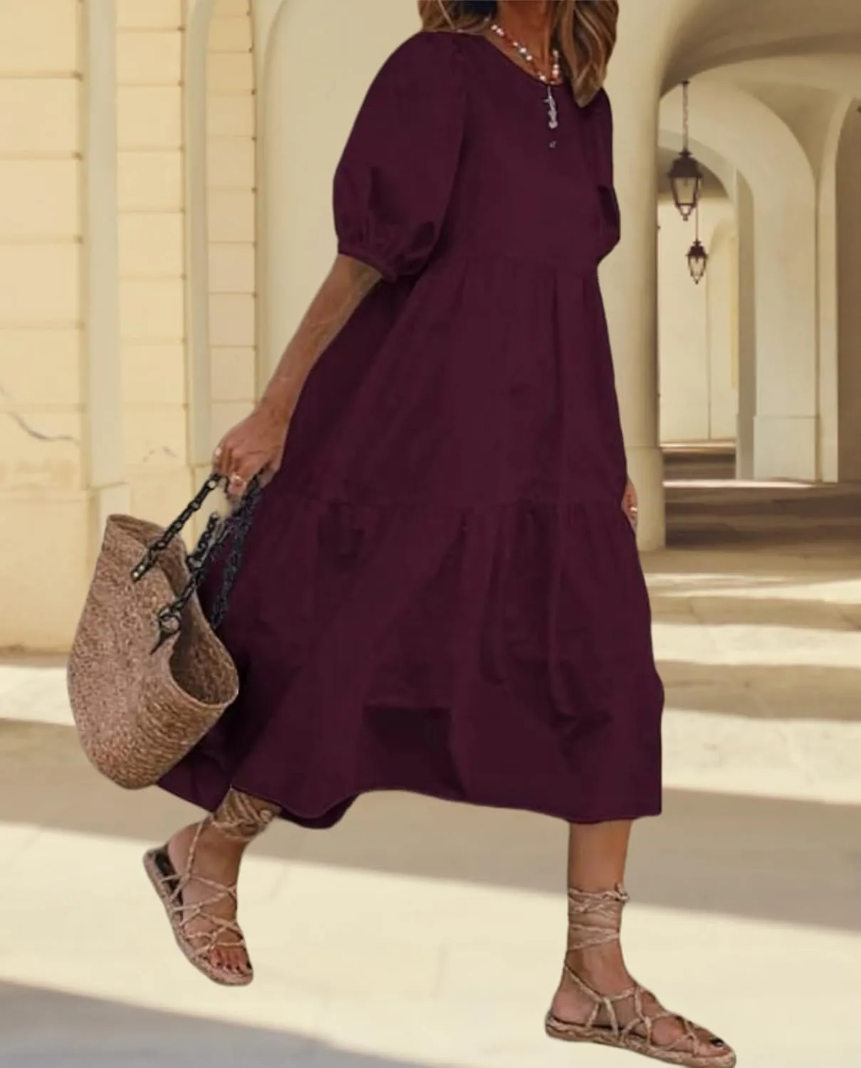 Boho Maxi Dress for Womens Crewneck Puff Short Sleeve Smocked Dress Casual Beach Oversized Tiered Swing Maxi Sundress