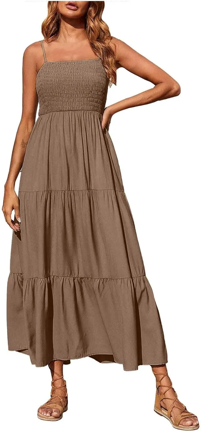 Boho Summer Dresses for Women Casual Ruched Maxi Dress Sleeveless Square Neck Cami Dresses Flowy Tiered Sundress