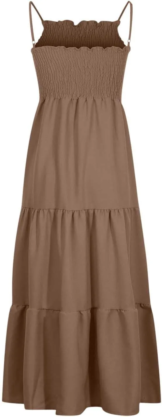 Boho Summer Dresses for Women Casual Ruched Maxi Dress Sleeveless Square Neck Cami Dresses Flowy Tiered Sundress