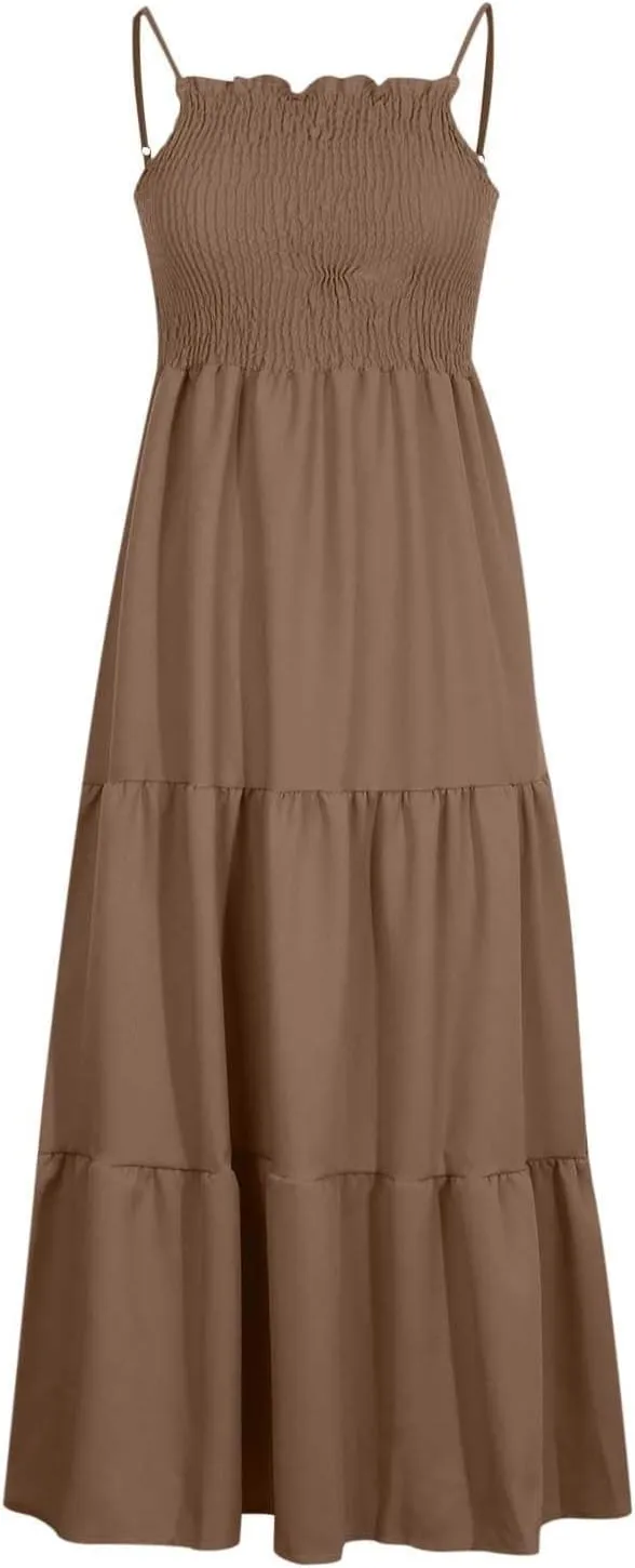 Boho Summer Dresses for Women Casual Ruched Maxi Dress Sleeveless Square Neck Cami Dresses Flowy Tiered Sundress