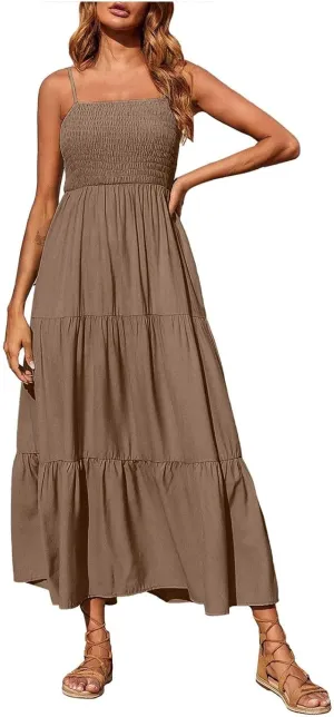 Boho Summer Dresses for Women Casual Ruched Maxi Dress Sleeveless Square Neck Cami Dresses Flowy Tiered Sundress